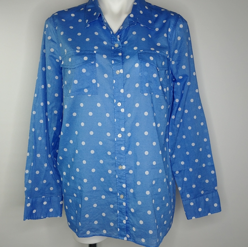 Talbots Button Down Top Blue and White Polka Dots